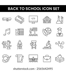 Back to School icon set featuring books, pencils, rulers, globes, and school bags. Ideal for education, academic-themed projects, student designs, classroom posters, and kids learning materials.