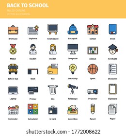 Back to school icon set. Back to school filled outline icon set. Icon for website, application, print, poster design, etc. Vector illustration.