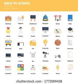 Back to school icon set. Back to school flat icon set. Icon for website, application, print, poster design, etc. Vector illustration.