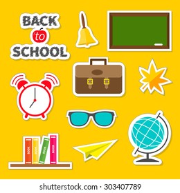 Back to school icon set Green board, bell, alarm clock, world globe, glasses, book shelf, origami paper plane, schoolbag briefcase, maple leaf. Sticker collection Flat design Vector illustration 