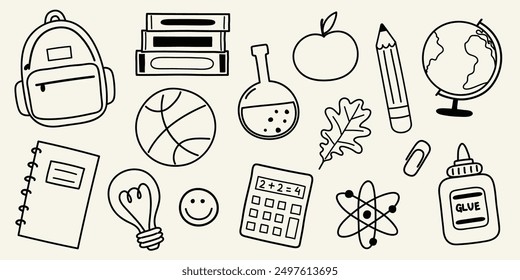 Back to School icon set. Hand drawn elements. Vector illustration