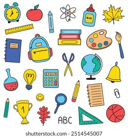 Voltar para o conjunto de ícones da escola. Etiquetas desenhadas à mão. Ilustração vetorial