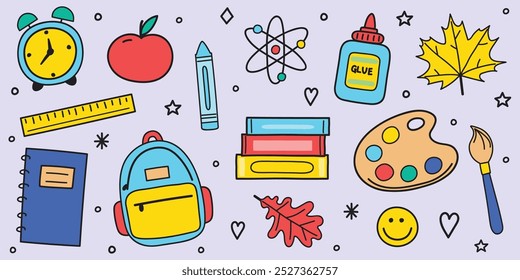 Conjunto de iconos de regreso a la escuela. Pegatinas de dibujos animados dibujados a mano. Ilustración vectorial