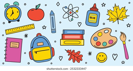 Back to School icon set. Hand drawn cartoon stickers. Vector illustration