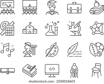 Back to school icon set. Included the icons as education, study, lectures, course, university, book, learn, paint, music, research, science, sports, exam 