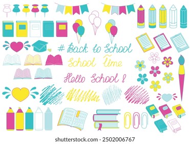 Back to School icon set with lettering and chalk strokes isolated on white background. Big vector set for First day of School, graduation exam, Teacher's day and other events. Not AI created.