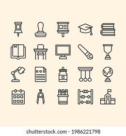 Back To School icon set with outline style for your web,app or etc : pin, stamp, graduation cup, book, lamp, compass, school, books, pendulum, presentation, class, computer