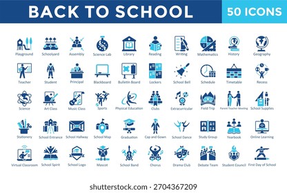 De volta à escola ícone definido com playground, pátio da escola, montagem, laboratório de ciências, biblioteca, leitura, escrita, matemática, história, geografia, ícone da educação. Vetor plano simples 
