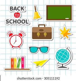 Back to school icon set Sticker collection Green board, bell, alarm clock, glasses, book ,  paper plane, schoolbag , maple. Paper sheet background Exercise book Flat  Vector illustration 