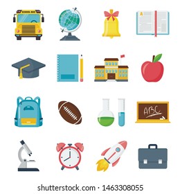 Back to school icon set, student classroom pictures. Vector flat style cartoon education illustration isolated on white background