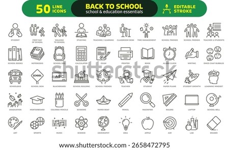 Back to school icon set. Thin line editable stroke icons for school supplies, education, students, teachers, classroom essentials and learning themes