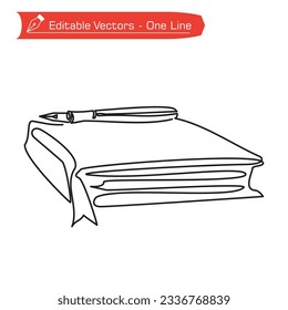 Back to school icon. Simple line drawing of thick notebook and classic ink pen. Vector illustration of vintage writing instruments, books and classic pens. Editable vector. Pen over back of book.