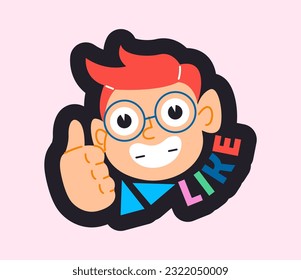 Icono de vuelta a la escuela. Un chico feliz sonriente con gafas muestra aprobación de pulgares hacia arriba. Pegatina con caracter de estudiante de jengibre y signo similar. Dibujo vectorial plano de dibujos animados aislado en fondo blanco