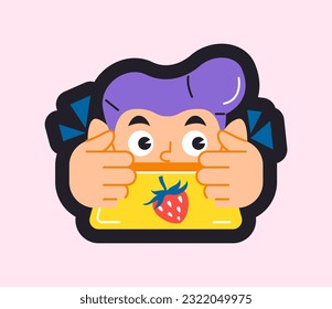Back to school icon. Sticker with shy boy peeking out from behind pencil case. Badge with schoolboy character for apps and websites. Cartoon flat vector illustration isolated on white background