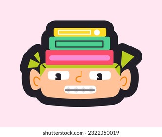 Back to school icon. Sticker with smart girl nerd with stack of books. Colorful badge with funny student. Study, knowledge and reading. Cartoon flat vector illustration isolated on white background