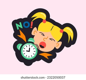 Icono de vuelta a la escuela. Pegarse a una chica enojada no quiere despertar. Insignia colorida con carácter insatisfecho y reloj despertador. Dibujo vectorial plano de dibujos animados aislado en fondo blanco