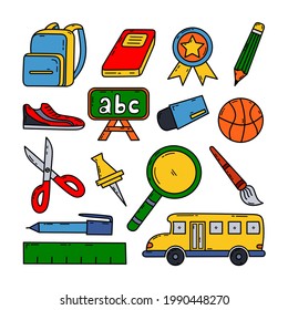Back to School Icon Vector Illustration, School Supplies Collection Set with Cartoon Style