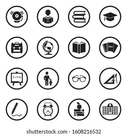 Back To School Icons. Black Flat Design In Circle. Vector Illustration.