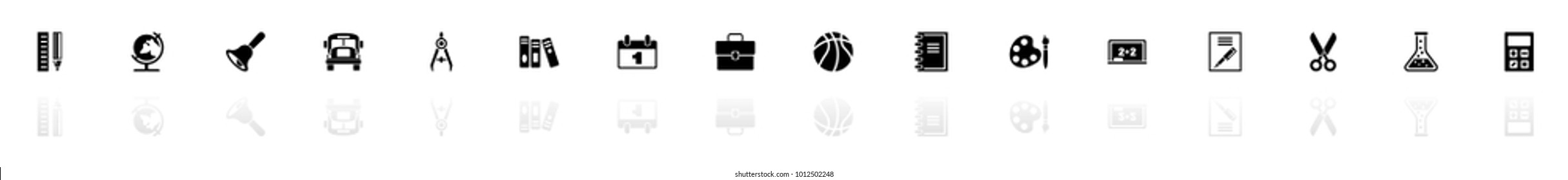 Back to School icons - Black horizontal Illustration symbol on White Background with a mirror Shadow reflection. Flat Vector Icon.