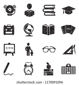 Back To School Icons. Black Scribble Design. Vector Illustration.