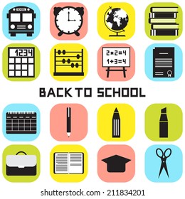 Back to school. School icons, buttons set. Vector illustration. Set 1.