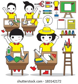 Back to school icons and characters illustration set
