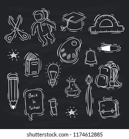 back to school icons collection with hand drawn style on chalkboard background