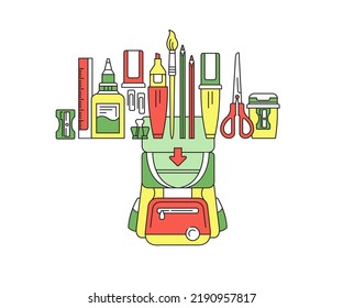 Back to school icons collection. Vector, line, color illustration. Stationery and school backpack.
