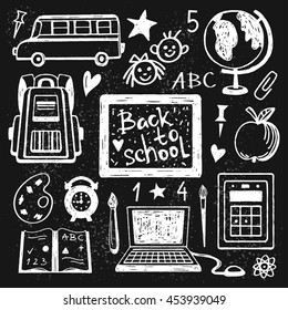 Back to school icons hand drawn set isolated on chalk board background, handwritten text
