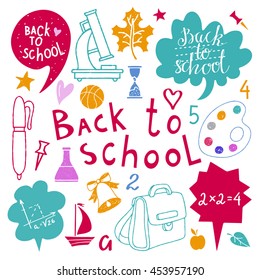 Back to school icons hand drawn set isolated on white background, handwritten text