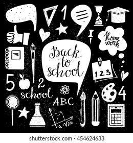 Back To School Icons Hand Drawn Set Isolated On Chalk Board Background, Handwritten Text