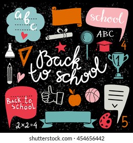 Back to school icons hand drawn set isolated on chalk board background, handwritten text
