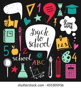 Back to school icons hand drawn set isolated on chalk board background, handwritten text