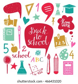 Back to school icons hand drawn set isolated on white background, handwritten text