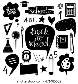 Back to school icons hand drawn set isolated on white background, handwritten text