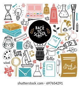 Back to school icons hand drawn set isolated on white background
