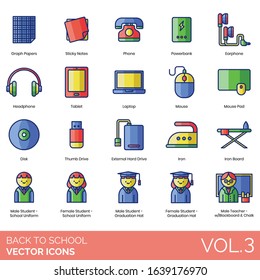 Back to school icons including graph papers, sticky notes, phone, powerbank, earphone, headphone, tablet, laptop, mouse pad, disk, thumb, external hard drive, iron board, male, female, student uniform