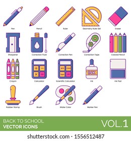 Back to school icons including pen, geometry ruler set, eraser, sharpener, correction fluid, tape, colored pencil, crayon, scientific calculator, ink pad, rubber stamp, brush, watercolor, marker.