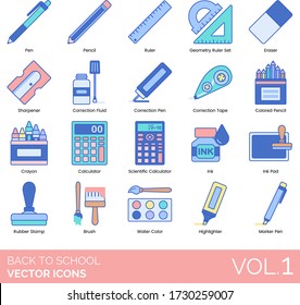 Back to school icons including pen, geometry ruler set, eraser, sharpener, correction fluid, tape, colored pencil, crayon, scientific calculator, ink pad, rubber stamp, brush, watercolor, highlighter.