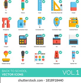 Back to school icons including pen, geometry ruler set, eraser, sharpener, correction fluid, tape, colored pencil, crayon, calculator, scientific calendar, ink pad, watercolor, highlighter, marker.