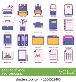 Back to school icons including pencil case, bag, briefcase, uniform, graduation hat, book, notebook, page marker, ring binder, file folder, punch hole, drawing book, sketch pad, A4, lined papers, grid