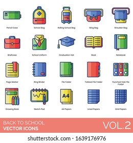 Back to school icons including pencil case, rolling bag, sling, shoulder, briefcase, uniform, graduation hat, notebook, page marker, ring binder, tabbed file folder, punch hole, drawing book, papers.