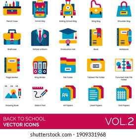 Back to school icons including pencil case, bag, briefcase, uniform, graduation hat, notebook, page marker, ring binder, tabbed file folder, punch hole, drawing book, sketch pad, papers, grid.