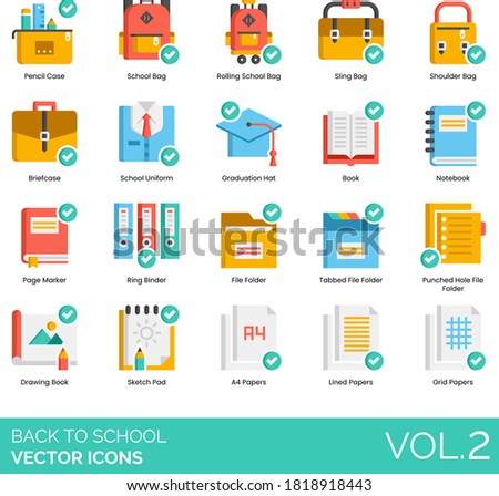 Back to school icons including pencil case, rolling bag, sling, shoulder, briefcase, uniform, graduation hat, notebook, tabbed file folder, punch hole, drawing book, sketch pad, A4, lined papers, grid