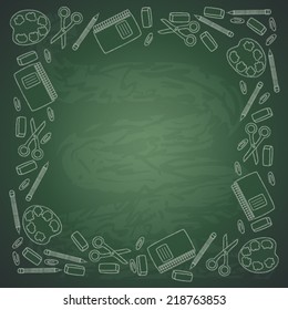 Back to school.  School icons on chalkboard in the form of a frame