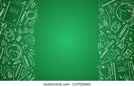 Back to school. School icons on green board.