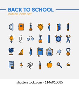 Back to school icons outline set, icons of school supplies. Welcome back to school badge. Learning and education. Vector illustration, eps 10.
