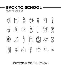 Back to school icons outline set, icons of school supplies. Welcome back to school badge. Learning and education. Vector illustration, eps 10.