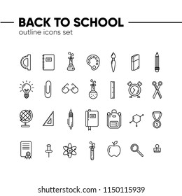 Back to school icons outline set, icons of school supplies. Welcome back to school badge. Learning and education. Vector illustration, eps 10.