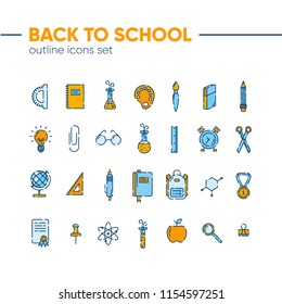 Back to school icons outline set, icons of school supplies. Welcome back to school badge. Learning and education. Vector illustration, eps 10.
